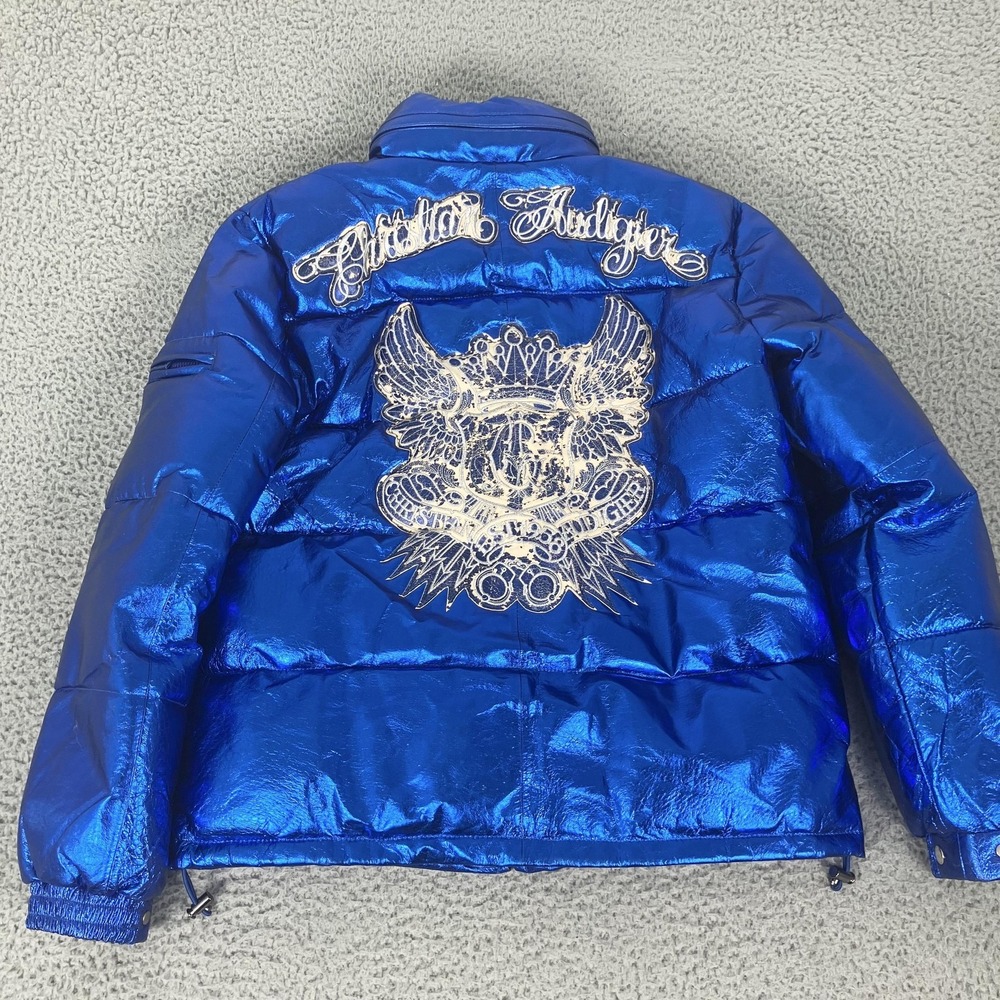 Christian Audigier Jacket Mens Medium Blue Leather Puffer Metallic Y2k - Picture 10 of 12